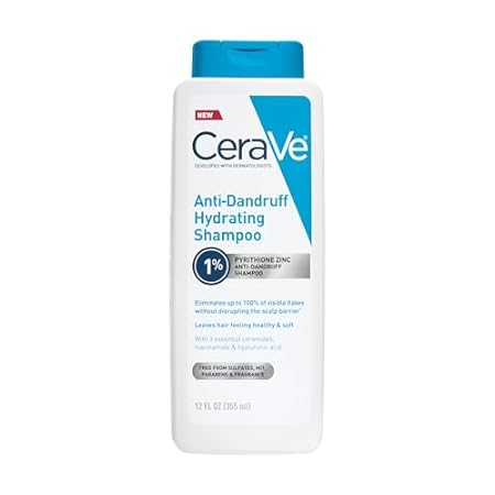 CeraVe Hydrating Anti Dandruff Shampoo, 1% Pyrithione Zinc Dandruff Treatment With Ceramides, Niacinamide & Hyaluronic Acid, Helps Eliminate Flakes & Provides Itchy Scalp Relief, Sulfate Free, 12 Oz