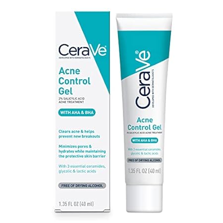 CeraVe Acne Control Gel, 2% Salicylic Acid Treatment With Glycolic Acid + Lactic Acids + Niacniamide, Acne Gel Helps Clear Blemishes Without Over Drying, Alcohol Free & Oil Free, 1.35 Fl Oz