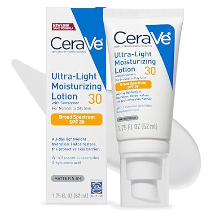 CeraVe Ultra-Light Moisturizing Lotion With SPF 30, Daily Face Moisturizer with SPF, Formulated with Hyaluronic Acid & Ceramides, Broad Spectrum SPF, Oil Free, Matte Finish, 1.7 Ounce
