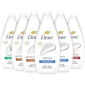 Dove Body Wash Value-Size Variety 6-Pack – Hydrate, Gentle Pamper, Fresh Care, and Silky Velvet, Family Size, 25.36 Oz Ea