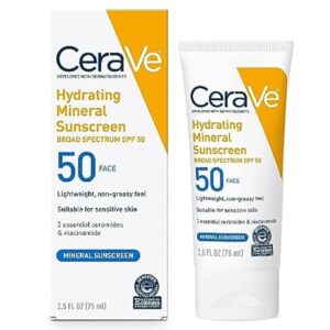 CeraVe 100% Mineral Sunscreen SPF 50, Face sunscreen With Zinc Oxide & Titanium Dioxide, Hyaluronic Acid + Niacinamide + Ceramides, Oil Free, Travel Size 2.5 oz