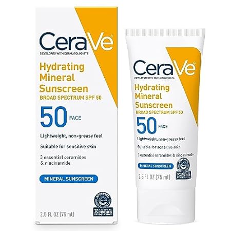 CeraVe 100% Mineral Sunscreen SPF 50, Face sunscreen With Zinc Oxide & Titanium Dioxide, Hyaluronic Acid + Niacinamide + Ceramides, Oil Free, Travel Size 2.5 oz