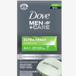 Dove Men+Care 3 in 1 Bar for Body, Face, and Shaving to Clean and Hydrate Skin Extra Fresh Body and Facial Cleanser More Moisturizing Than Bar Soap 3.75 oz 6 Bars