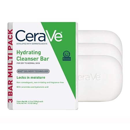 CeraVe Hydrating Cleanser Bar, Soap-Free Body and Facial Cleanser with 5% Moisturizing Cream, Fragrance-Free, 3-Pack, 4.5 Ounce Each