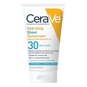CeraVe Hydrating Sheer Sunscreen SPF 30 for Face and Body, Mineral & Chemical Sunscreen with Zinc Oxide, Hyaluronic Acid, Niacinamides and Ceramides, Paraben Free Fragrance Free, 5 Ounces