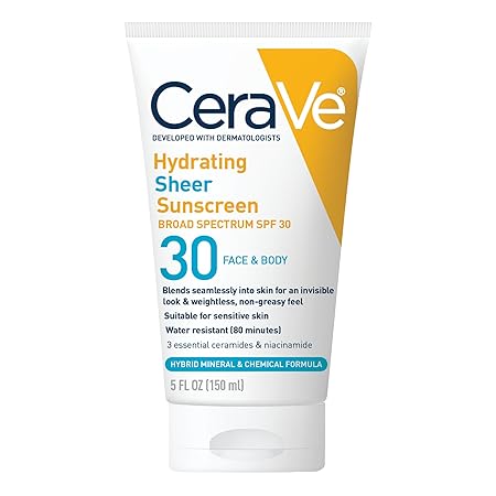CeraVe Hydrating Sheer Sunscreen SPF 30 for Face and Body, Mineral & Chemical Sunscreen with Zinc Oxide, Hyaluronic Acid, Niacinamides and Ceramides, Paraben Free Fragrance Free, 5 Ounces
