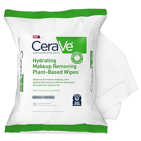 CeraVe Hydrating Facial Cleansing Makeup Remover Wipes, Plant Based Face Wipes, Biodegradable in Home Compost, Face Wash Cloth, Suitable for Sensitive Skin, Fragrance-free Non-comedogenic, 25 Count