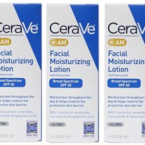 CeraVe AM Facial Moisturizing Lotion with Sunscreen SPF 30, Oil-Free, 3 fl oz, Fragrance-Free (Pack of 3)