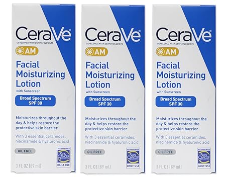 CeraVe AM Facial Moisturizing Lotion with Sunscreen SPF 30, Oil-Free, 3 fl oz, Fragrance-Free (Pack of 3)