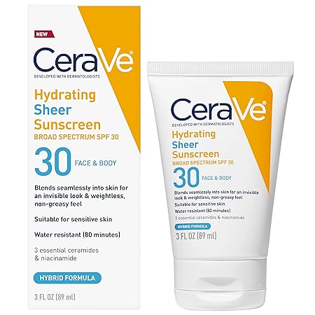 CeraVe Hydrating Sheer Sunscreen SPF 30 for Face and Body, Mineral & Chemical Sunscreen with Zinc Oxide, Hyaluronic Acid, Niacinamides and Ceramides, Paraben Free Fragrance Free, 3 Ounces